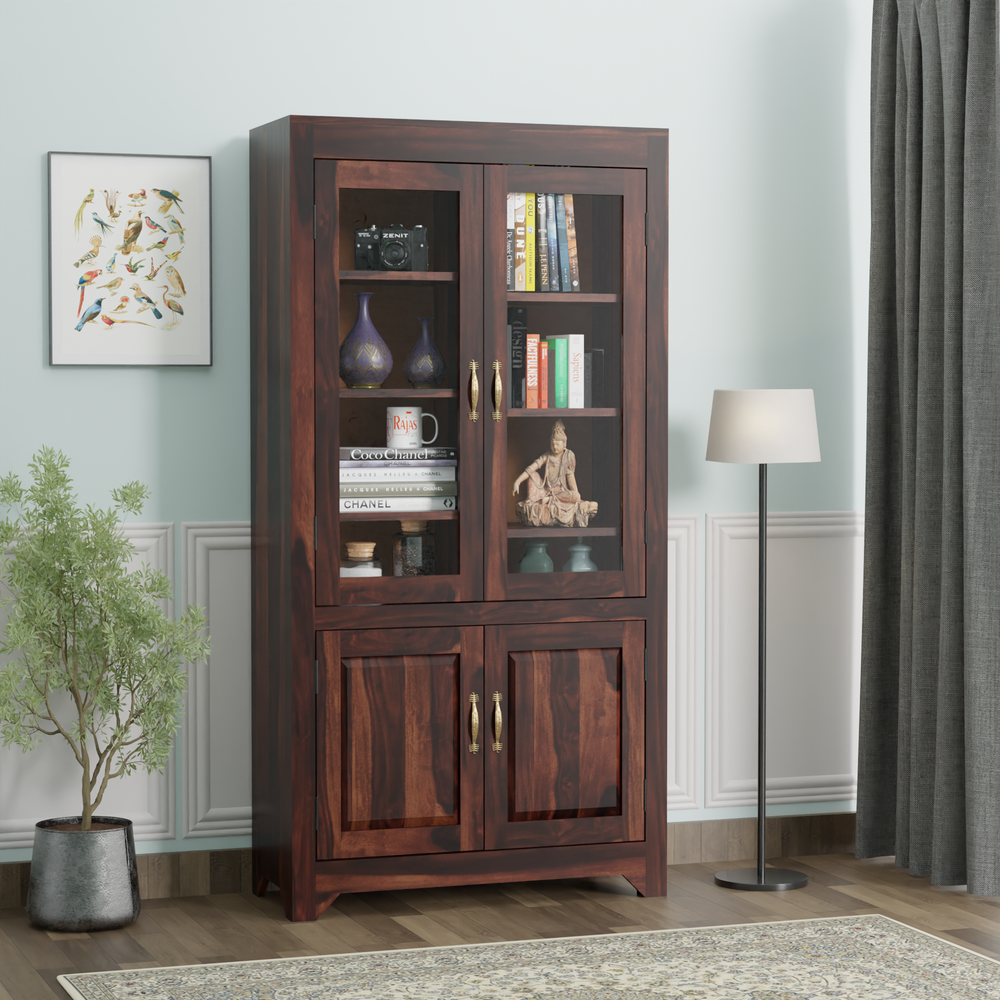 Wooden Display Cabinet with Glass and Wood Doors, 4 Doors Storage Unit in Natural and Walnut Finish - Rajasthali Furniture