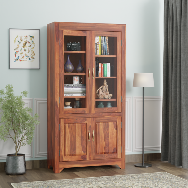 Wooden Display Cabinet with Glass and Wood Doors, 4 Doors Storage Unit in Natural and Walnut Finish - Rajasthali Furniture