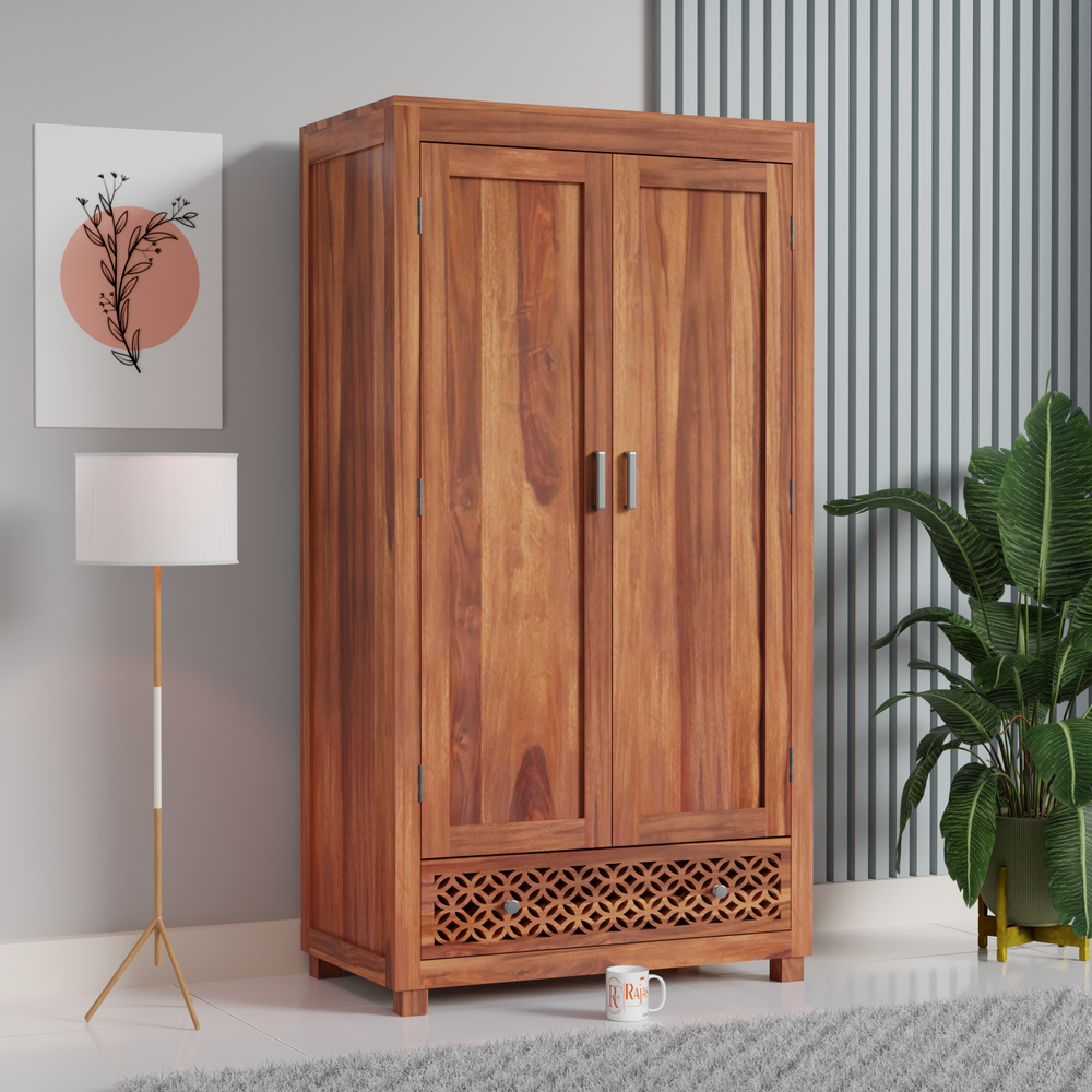 Solid Wood Wardrobe with Double Doors, Decorative Lattice Panel, Natural Honey Oak Finish - Rajasthali Furniture