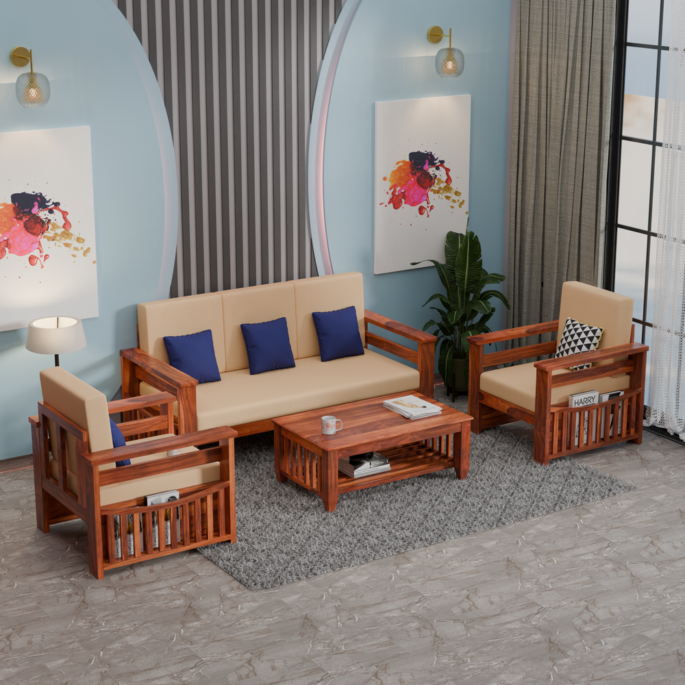 Solid Sheesham Wood Sofa Set 5 Seater | Wooden Sofaset 3+1+1 | Sofa Sets for Living Room - Rajasthali Furniture