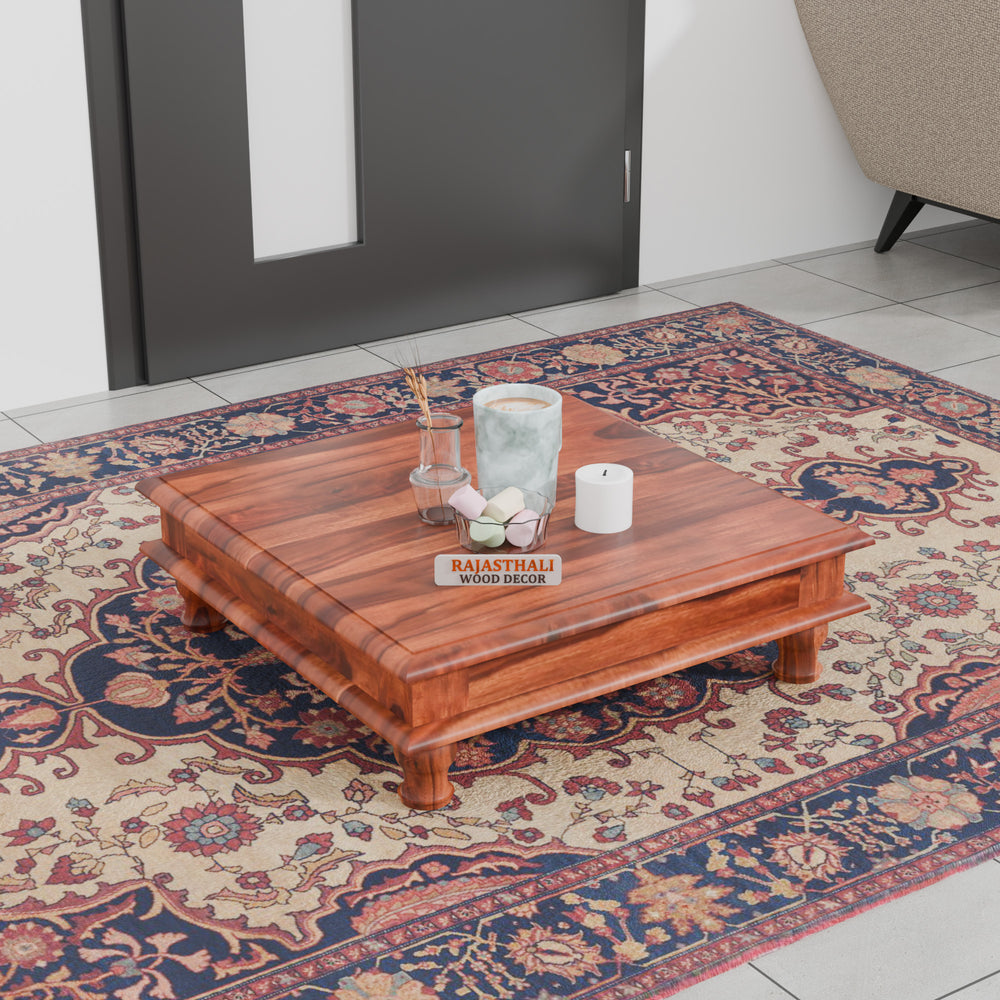 Wooden Pooja Chowki for Puja Room,Choki for Pooja Big Size, Natural Finish - Rajasthali Furniture