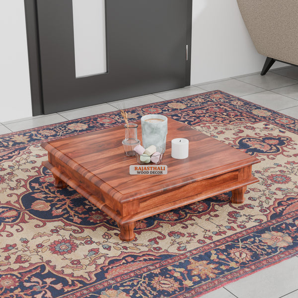 Wooden Pooja Chowki for Puja Room,Choki for Pooja Big Size, Natural Finish - Rajasthali Furniture