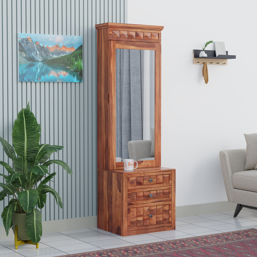 Wood Dressing Table with Mirror and Storage, Wooden Table, Drawer, Bedroom Furniture, Makeup Vanity Table, Honey Finish, Brown - Rajasthali Furniture