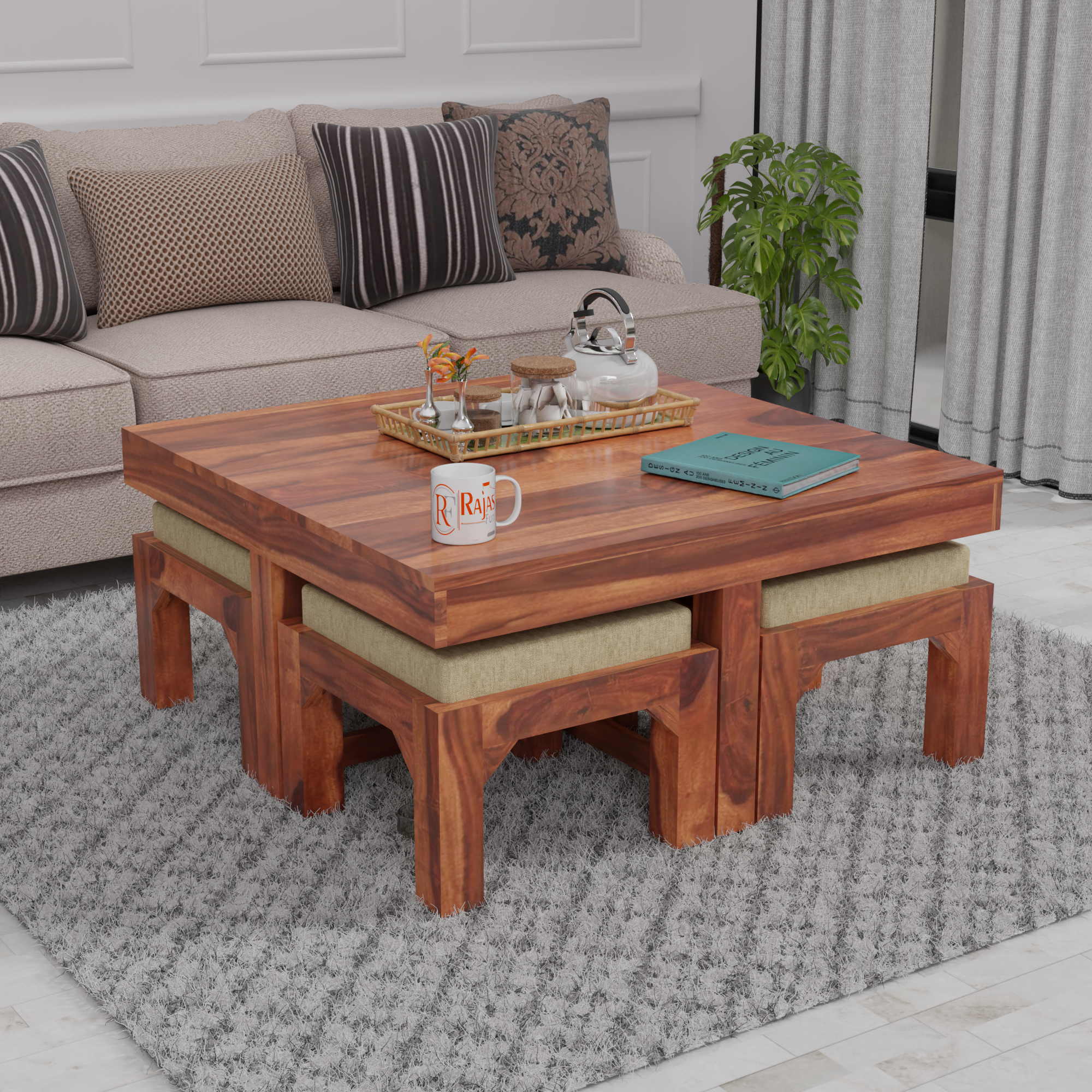 Kerry Wooden Center Table cum Coffee Table with four Stool with uphols