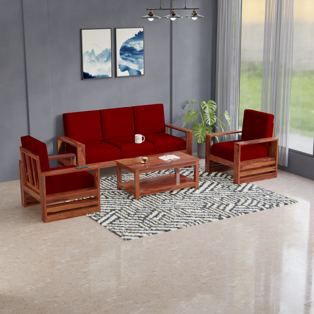 Seam Solid Wood Five Seat Sofa Set (3+1+1) In Honey Oak Finished - Rajasthali Furniture