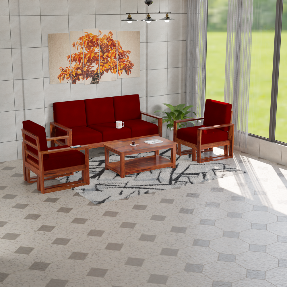 Cucus Double Leg Solid Wood Five Seat Sofa Set (3+1+1) In Honey Oak Finished - Rajasthali Furniture