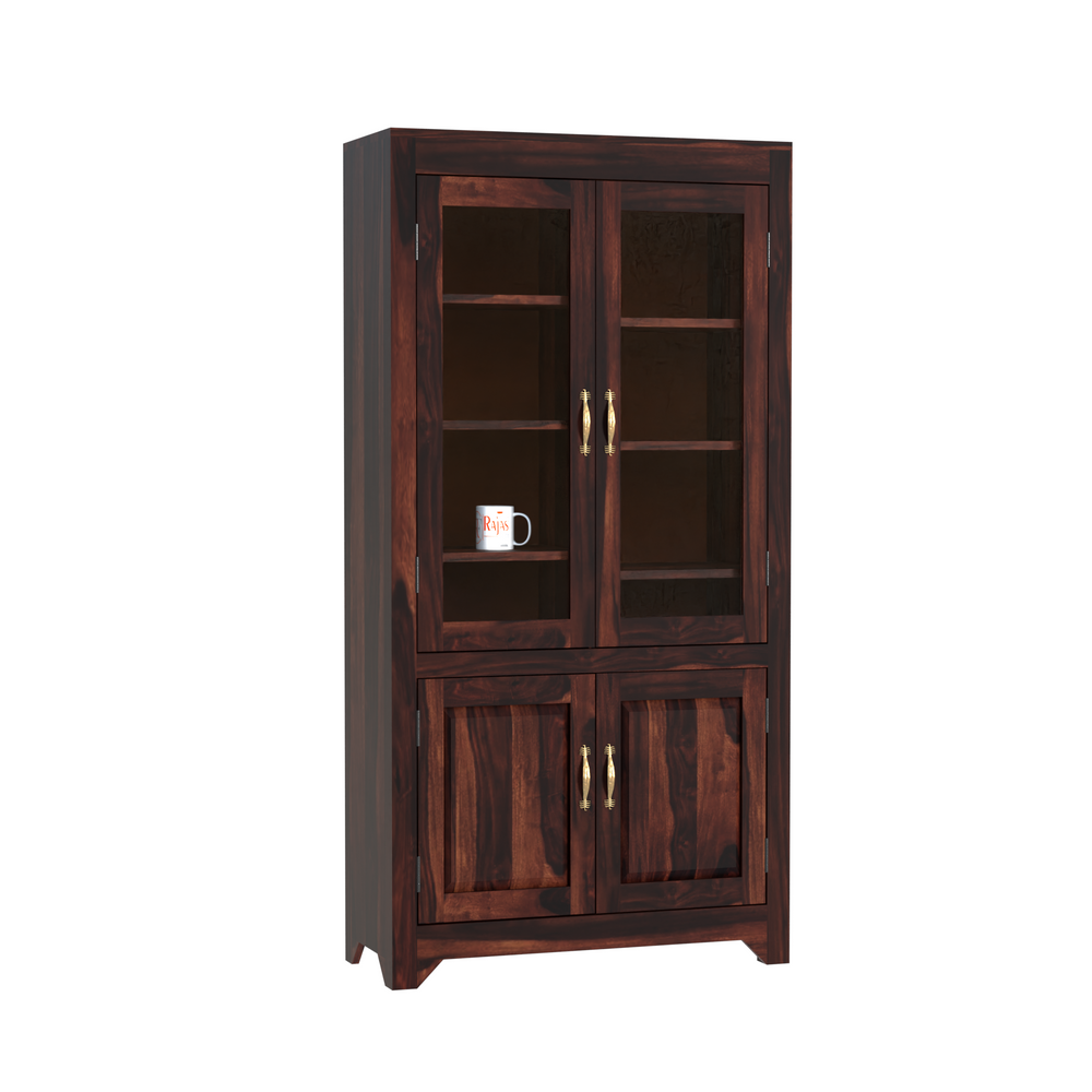 Wooden Display Cabinet with Glass and Wood Doors, 4 Doors Storage Unit in Natural and Walnut Finish - Rajasthali Furniture