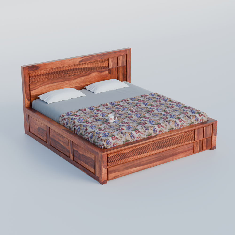 Mattson Solid Wood Double Bed with Box Storage in Honey Oak Finish - Rajasthali Furniture