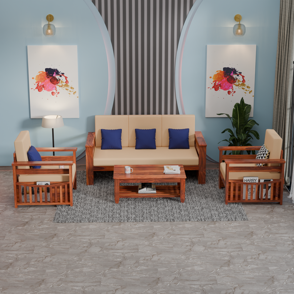 Solid Sheesham Wood Sofa Set 5 Seater | Wooden Sofaset 3+1+1 | Sofa Sets for Living Room - Rajasthali Furniture