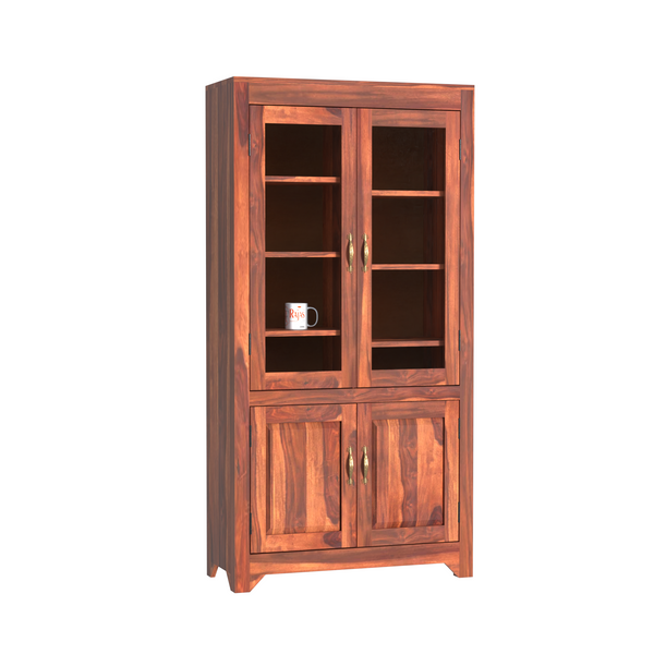 Wooden Display Cabinet with Glass and Wood Doors, 4 Doors Storage Unit in Natural and Walnut Finish - Rajasthali Furniture