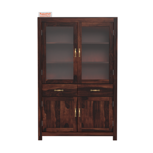 Bened Wooden Glass and Wooden Door Cabinet with two Drawer for Study and kitchen room in Natural and Walnut Finish - Rajasthali Furniture