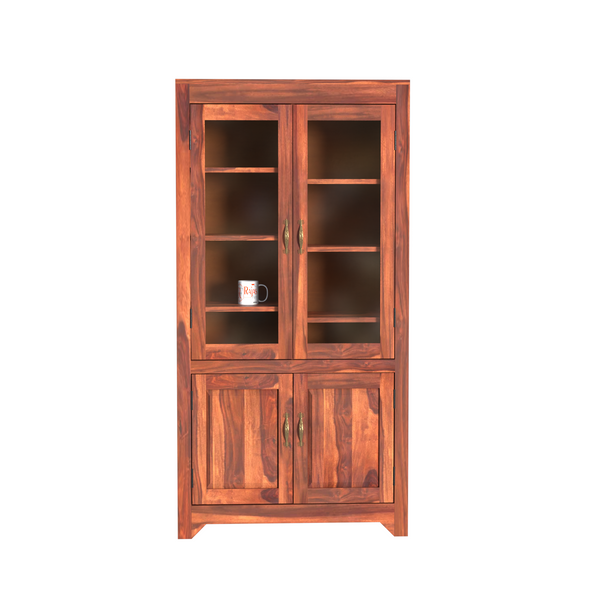 Wooden Display Cabinet with Glass and Wood Doors, 4 Doors Storage Unit in Natural and Walnut Finish - Rajasthali Furniture