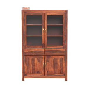 Bened Wooden Glass and Wooden Door Cabinet with two Drawer for Study and kitchen room in Natural and Walnut Finish - Rajasthali Furniture