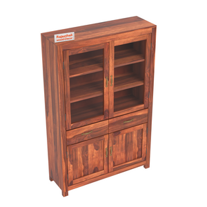 Bened Wooden Glass and Wooden Door Cabinet with two Drawer for Study and kitchen room in Natural and Walnut Finish - Rajasthali Furniture