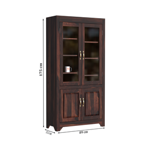 Wooden Display Cabinet with Glass and Wood Doors, 4 Doors Storage Unit in Natural and Walnut Finish - Rajasthali Furniture