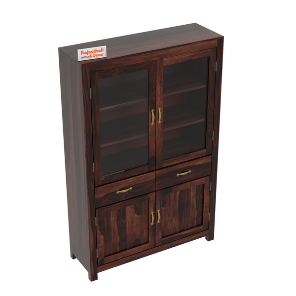 Bened Wooden Glass and Wooden Door Cabinet with two Drawer for Study and kitchen room in Natural and Walnut Finish - Rajasthali Furniture