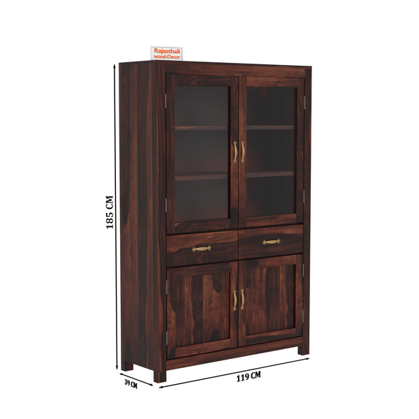 Bened Wooden Glass and Wooden Door Cabinet with two Drawer for Study and kitchen room in Natural and Walnut Finish - Rajasthali Furniture