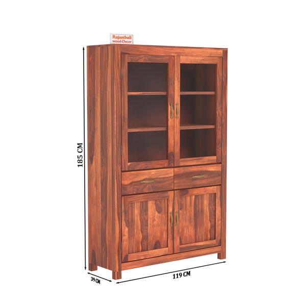 Bened Wooden Glass and Wooden Door Cabinet with two Drawer for Study and kitchen room in Natural and Walnut Finish - Rajasthali Furniture