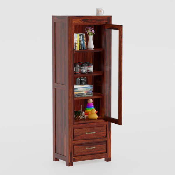 Brokloff Solid Wood Floor Mounted Glass Cabinet in Honey oak Finish - Rajasthali Furniture