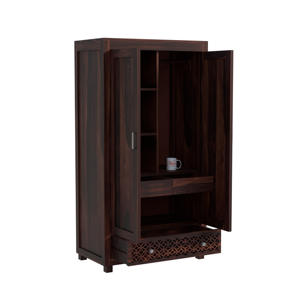 Solid Wood Wardrobe with Double Doors, Decorative Lattice Panel, Natural Honey Oak Finish - Rajasthali Furniture