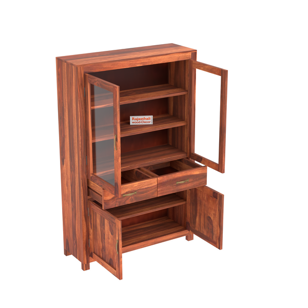 Bened Wooden Glass and Wooden Door Cabinet with two Drawer for Study and kitchen room in Natural and Walnut Finish - Rajasthali Furniture