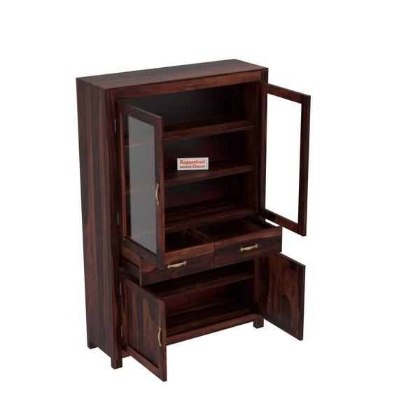 Bened Wooden Glass and Wooden Door Cabinet with two Drawer for Study and kitchen room in Natural and Walnut Finish - Rajasthali Furniture