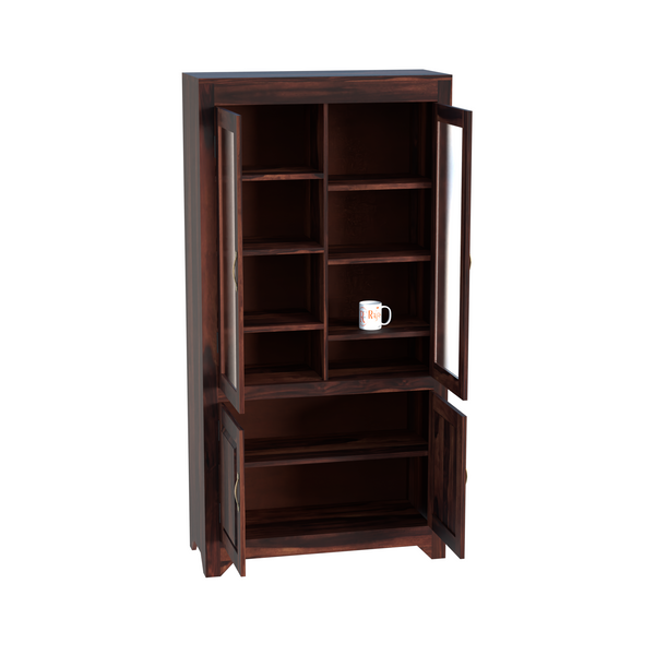 Wooden Display Cabinet with Glass and Wood Doors, 4 Doors Storage Unit in Natural and Walnut Finish - Rajasthali Furniture