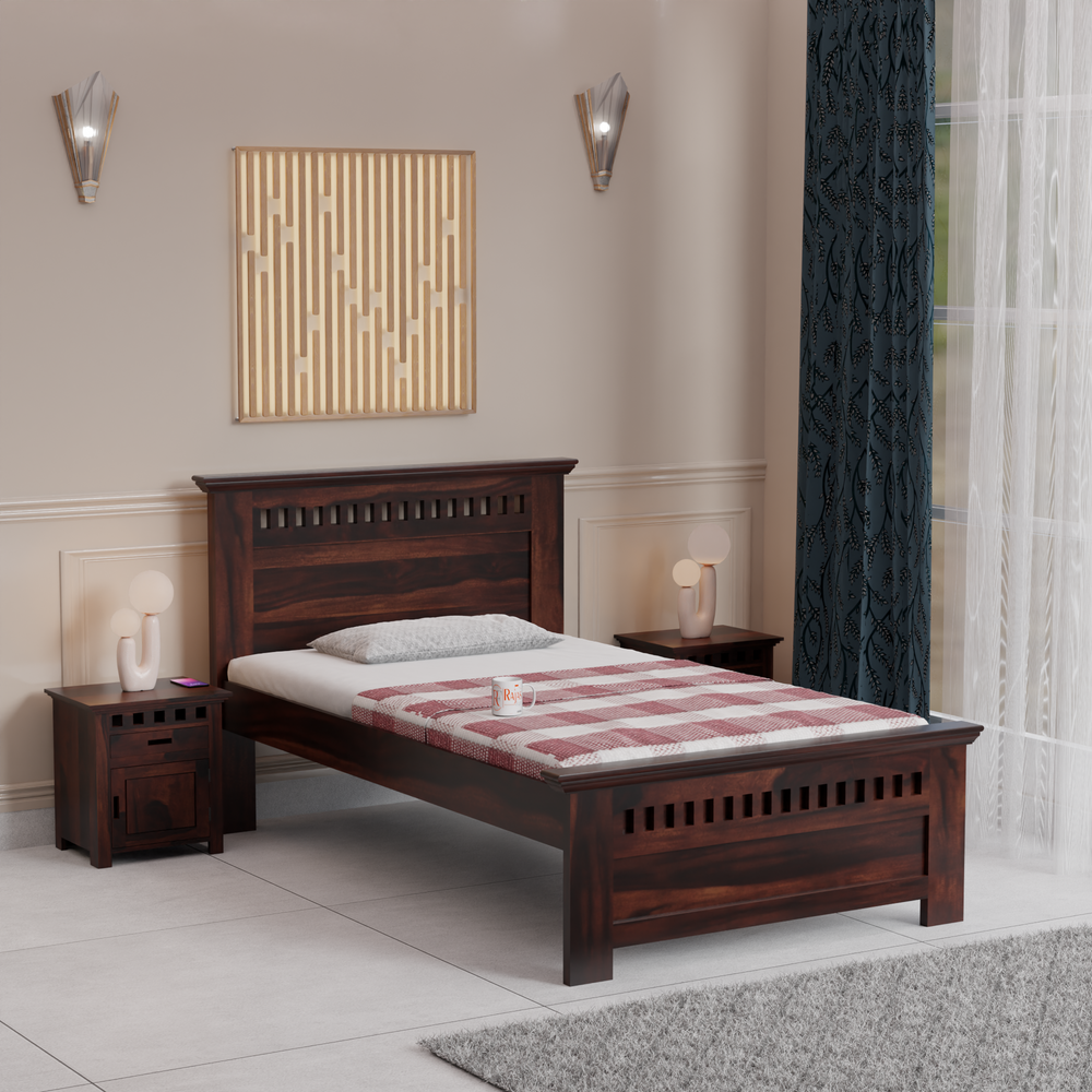 Wooden Single Bed with Block Design without storage for Bedrrom in Natural and Walnut Finish - Rajasthali Furniture