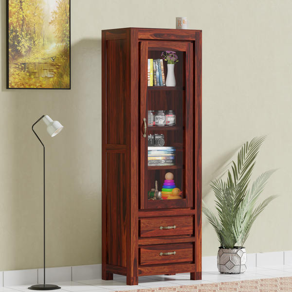 Brokloff Solid Wood Floor Mounted Glass Cabinet in Honey oak Finish - Rajasthali Furniture
