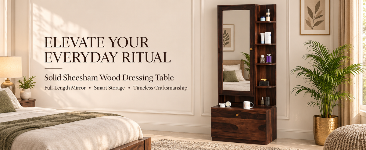 Sheesham Wood Dressing Mirror with Hidden Storage & Drawer (Walnut / Honey Oak)