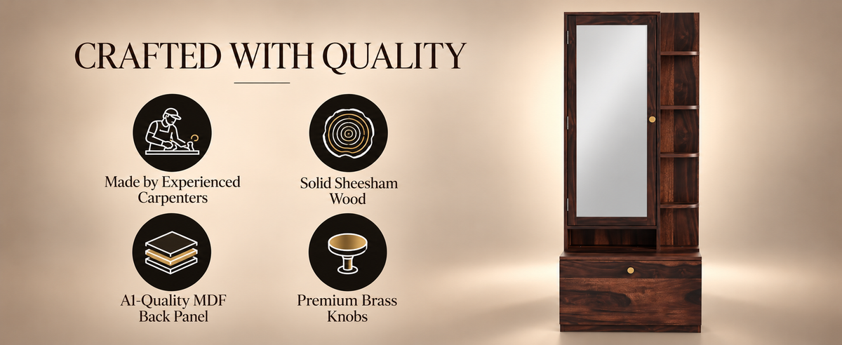 Sheesham Wood Dressing Mirror with Hidden Storage & Drawer (Walnut / Honey Oak)