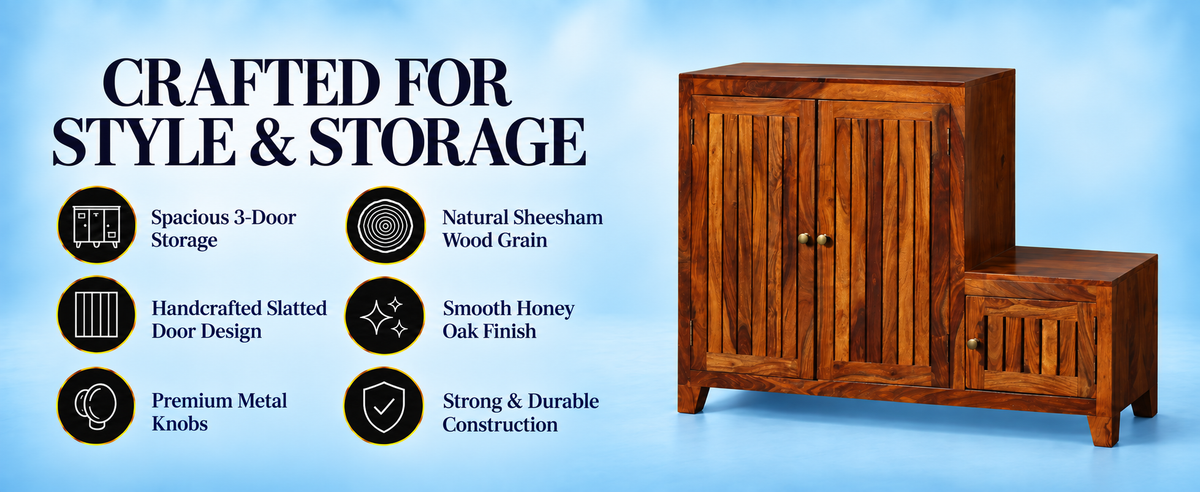 Frill Sheesham Wood Shoe Rack with Seat (Honey Oak Finish)