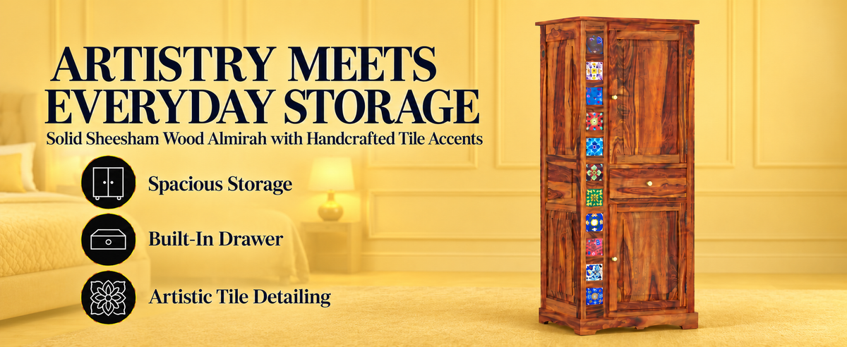 Ceramic Tile Sheesham Wood Wardrobe with Centre Drawer (Honey Finish)