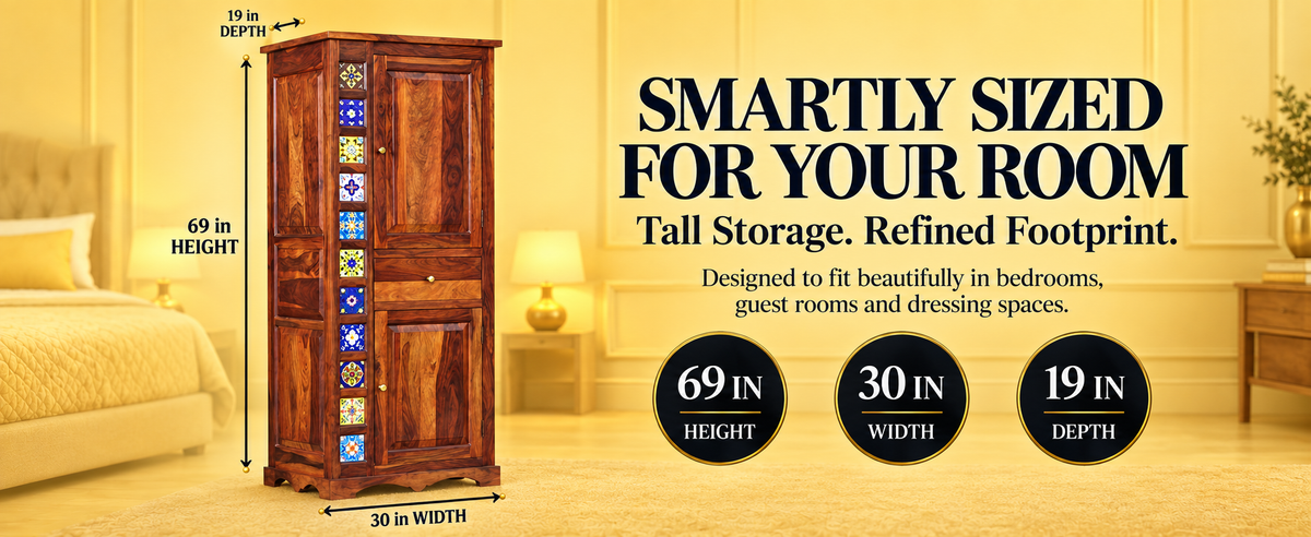 Ceramic Tile Sheesham Wood Wardrobe with Centre Drawer (Honey Finish)