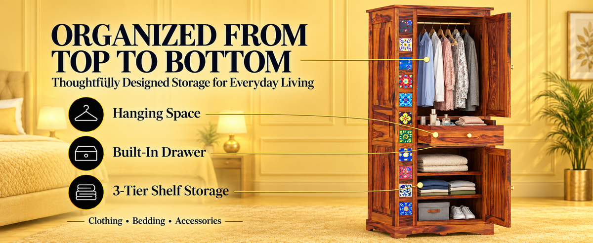 Ceramic Tile Sheesham Wood Wardrobe with Centre Drawer (Honey Finish)