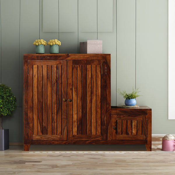 Frill Solid Wood Shoe Rack with Sitting Space in Honey Oak finish - Rajasthali Furniture