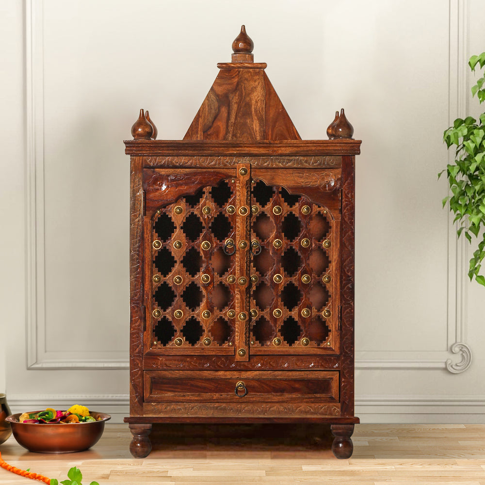 Jamini Solid Wood Double Door and One Drawer Mandir in Honey Oak Finish - Rajasthali Furniture