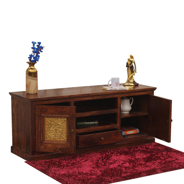 Mabel Two Door with one center drawer wooden LCD cabinet in honey oak finish - Rajasthali Furniture