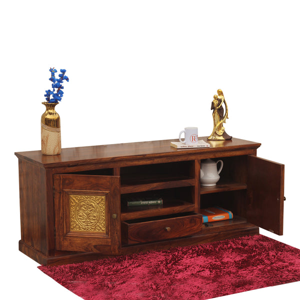 Mabel Two Door with one center drawer wooden LCD cabinet in honey oak finish - Rajasthali Furniture