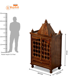 Jamini Solid Wood Double Door and One Drawer Mandir in Honey Oak Finish - Rajasthali Furniture