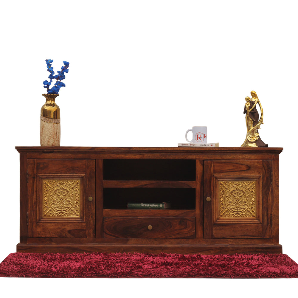 Mabel Two Door with one center drawer wooden LCD cabinet in honey oak finish - Rajasthali Furniture