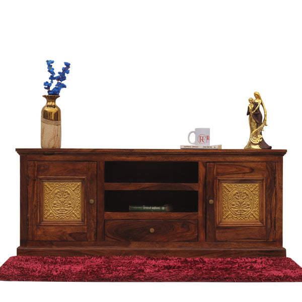 Mabel Two Door with one center drawer wooden LCD cabinet in honey oak finish - Rajasthali Furniture