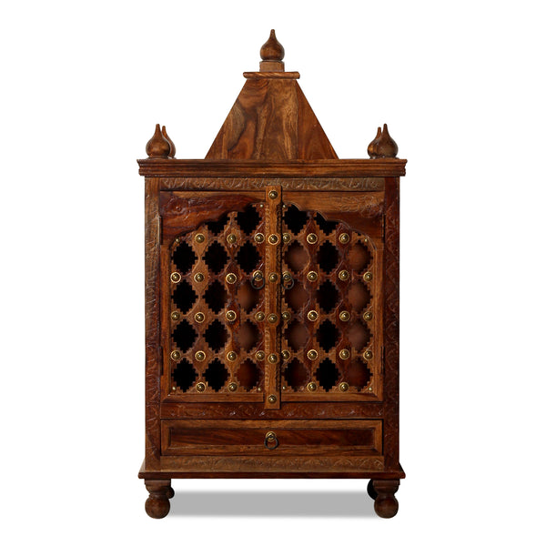 Jamini Solid Wood Double Door and One Drawer Mandir in Honey Oak Finish - Rajasthali Furniture