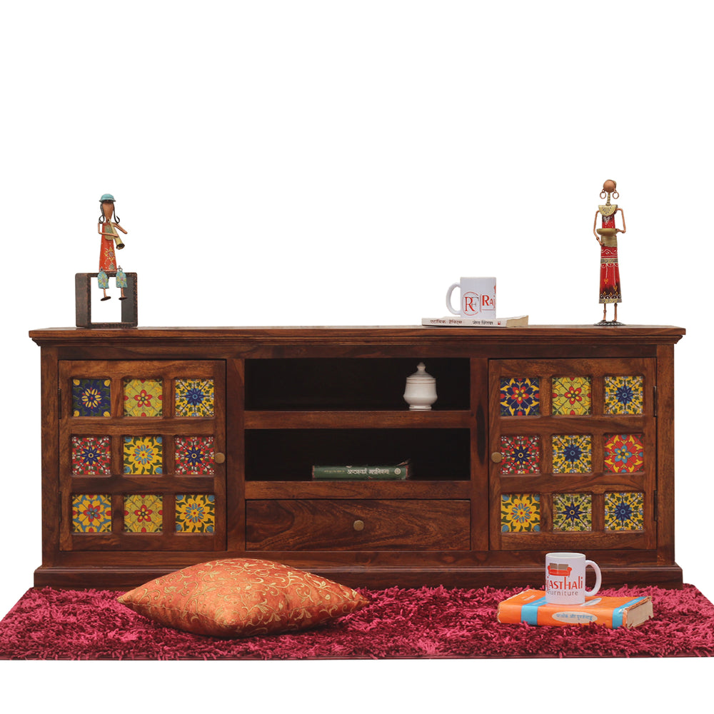 Lazio Two Door with One Center Drawer Wooden LCD Cabinet in Honey oak Finish - Rajasthali Furniture