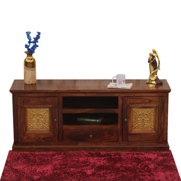 Mabel Two Door with one center drawer wooden LCD cabinet in honey oak finish - Rajasthali Furniture