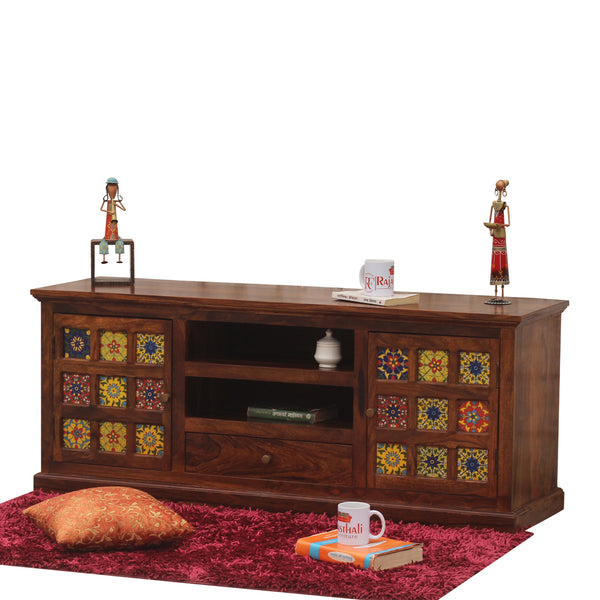 Lazio Two Door with One Center Drawer Wooden LCD Cabinet in Honey oak Finish - Rajasthali Furniture