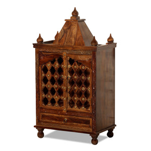 Jamini Solid Wood Double Door and One Drawer Mandir in Honey Oak Finish - Rajasthali Furniture