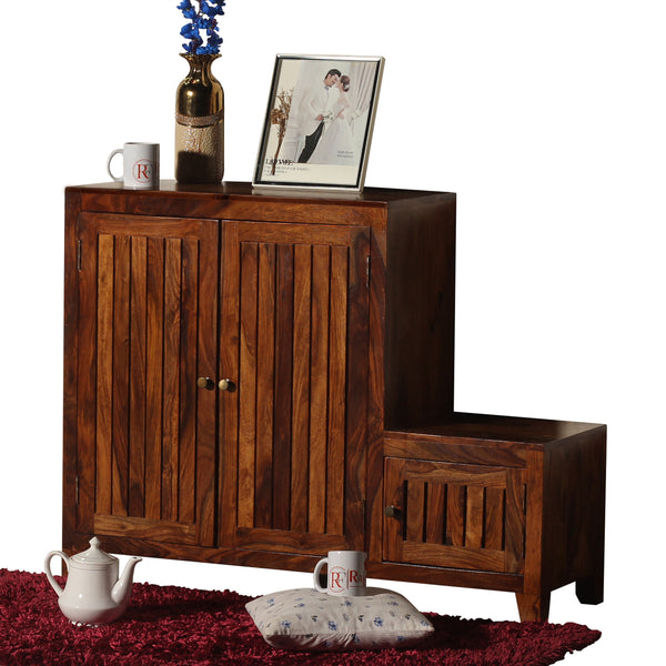Frill Solid Wood Shoe Rack with Sitting Space in Honey Oak finish - Rajasthali Furniture