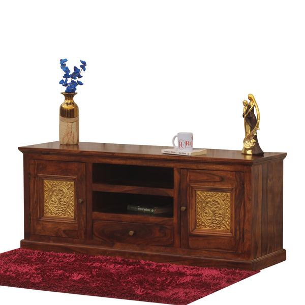 Mabel Two Door with one center drawer wooden LCD cabinet in honey oak finish - Rajasthali Furniture