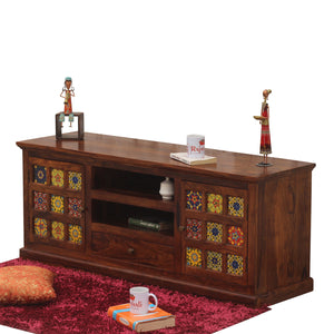 Lazio Two Door with One Center Drawer Wooden LCD Cabinet in Honey oak Finish - Rajasthali Furniture
